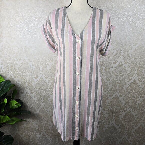 Caslon Size Medium Striped Shirt Dress Linen Blend Rolled Cuffs Button Front - Picture 1 of 14